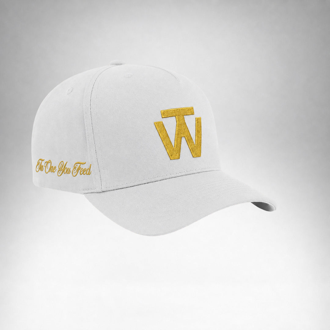 White Two Wolves cap with gold embroidered logo