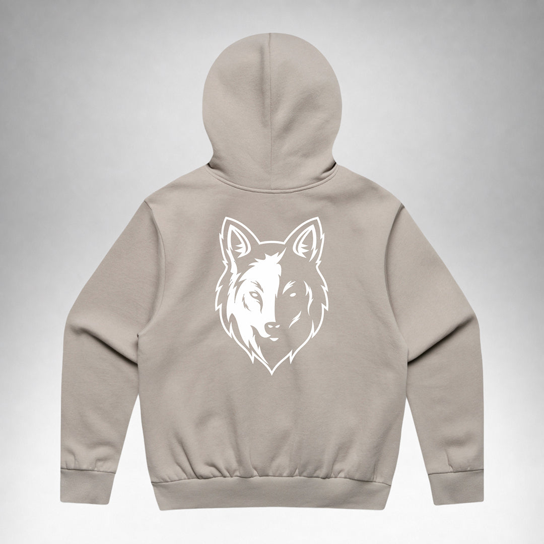 Mushroom Two Wolves Staple pullover hoodie shown from the back with two wolves logo.