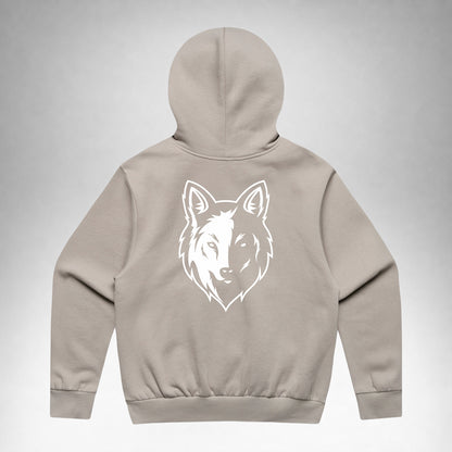 Mushroom Two Wolves Staple pullover hoodie shown from the back with two wolves logo.