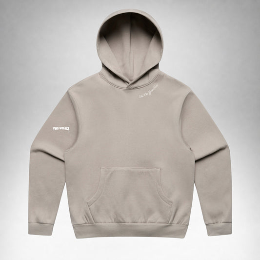 Mushroom Two Wolves Staple pullover hoodie shown from the front with subtle white logo details.