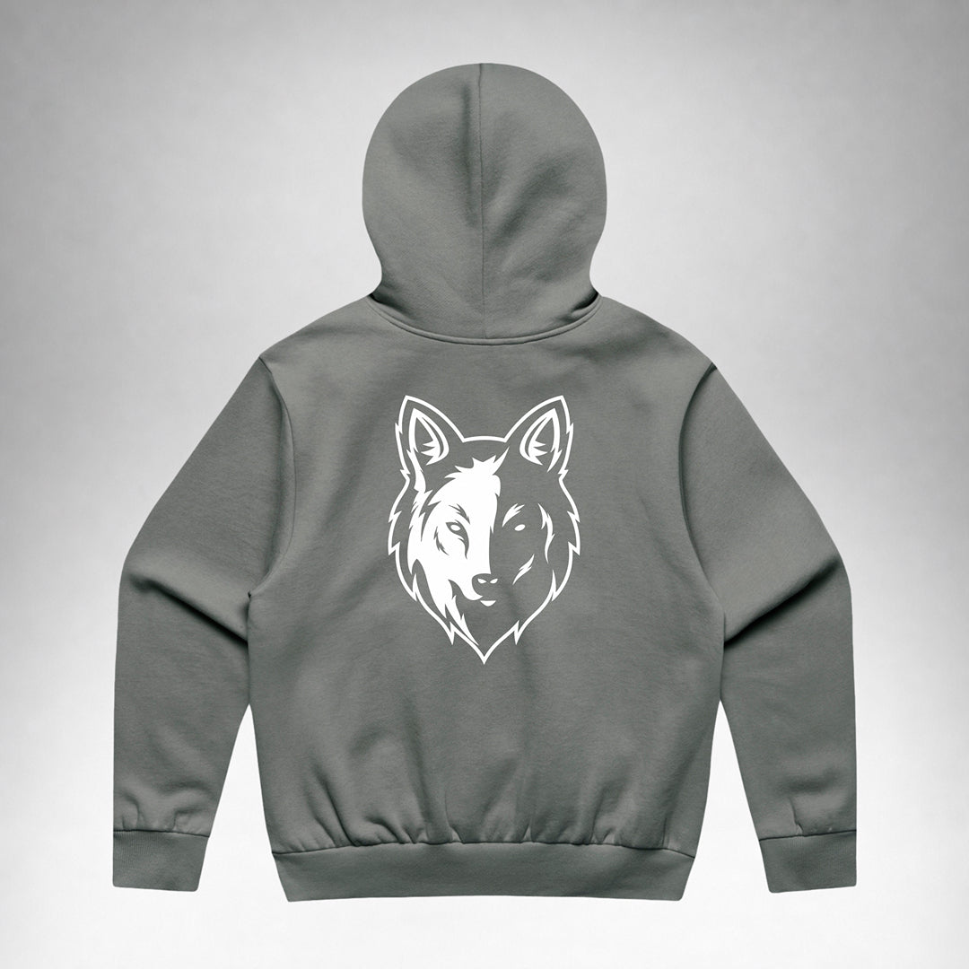 Shadow Two Wolves Staple pullover hoodie shown from the back with two wolves logo.