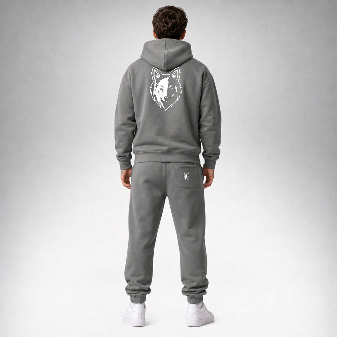 Shadow Two Wolves Staple pullover hoodie shown from the back wearing by a male model.
