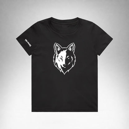 black Two Wolves Cub Staple T-shirt with a white wolf graphic on the front.