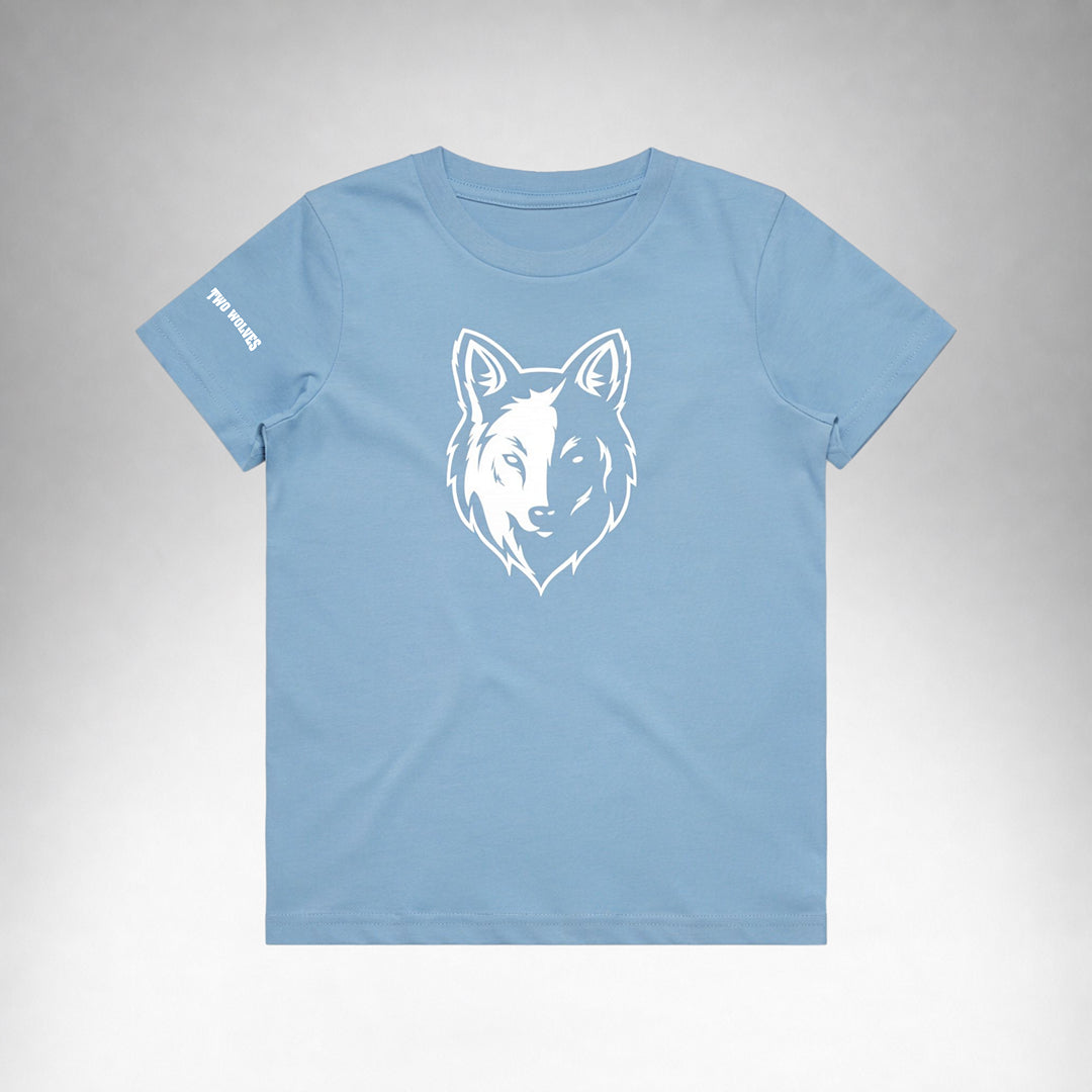 Blue Two Wolves Cub Staple T-shirt with a white wolf graphic on the front.