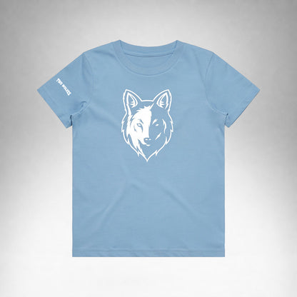 Blue Two Wolves Cub Staple T-shirt with a white wolf graphic on the front.