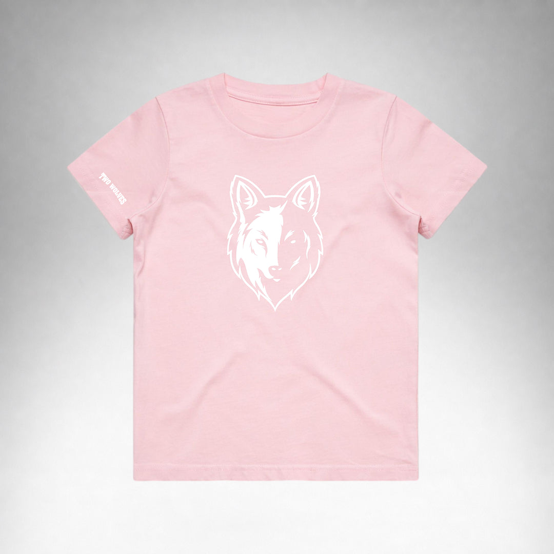 Pink Two Wolves Cub Staple T-shirt with a white wolf graphic on the front.