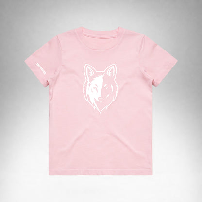 Pink Two Wolves Cub Staple T-shirt with a white wolf graphic on the front.