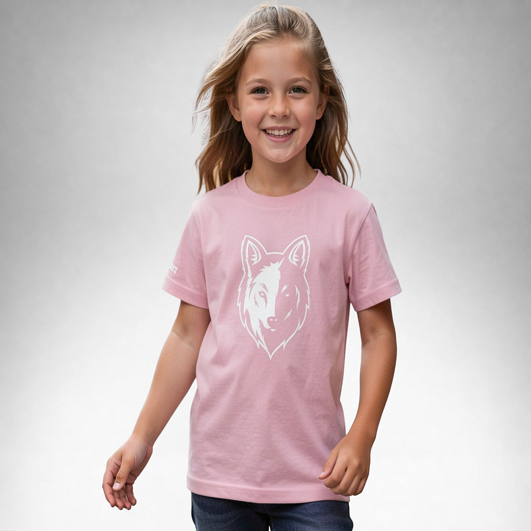 Girl wearing a pink Two Wolves Cub Staple T-shirt with a white wolf graphic on the front.
