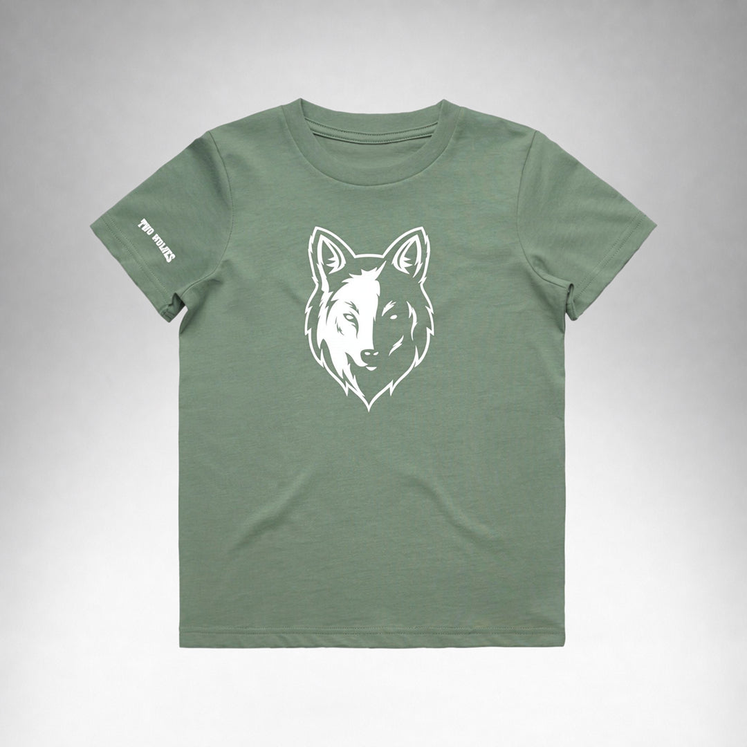 Sage Two Wolves Cub Staple T-shirt with a white wolf graphic on the front.