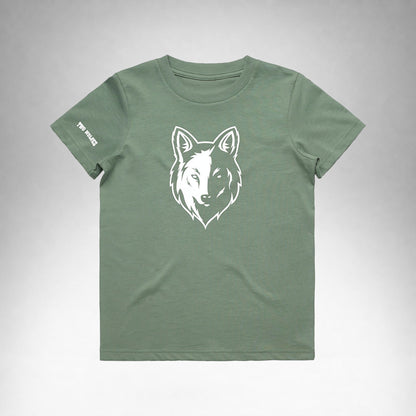 Sage Two Wolves Cub Staple T-shirt with a white wolf graphic on the front.