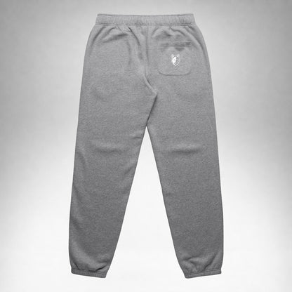 Grey Two Wolves track pants with white logo at butt pocket, back part