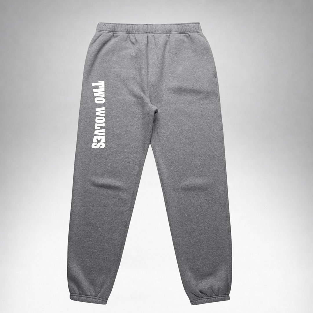 Grey Two Wolves track pants with white logo on leg, front part