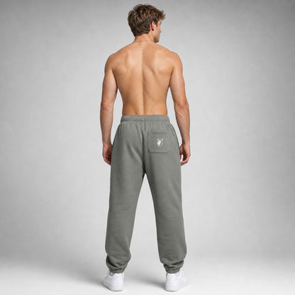 Grey Two Wolves track pants with white logo on leg, worn by male model, facing at the back